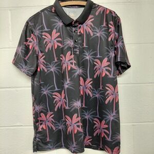 Apt 9 Men XL Short Sleeve Hawaiian Tropical Black Purple Palm Polo Shirt